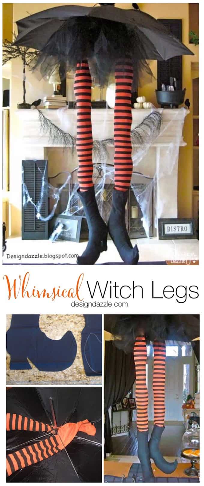These adorable striped whimsical witch legs hang from the ceiling to make an adorable centerpiece for any Halloween Party! | Design Dazzle These adorable striped whimsical witch legs hang from the ceiling to make an adorable centerpiece for any Halloween Party! | Design Dazzle