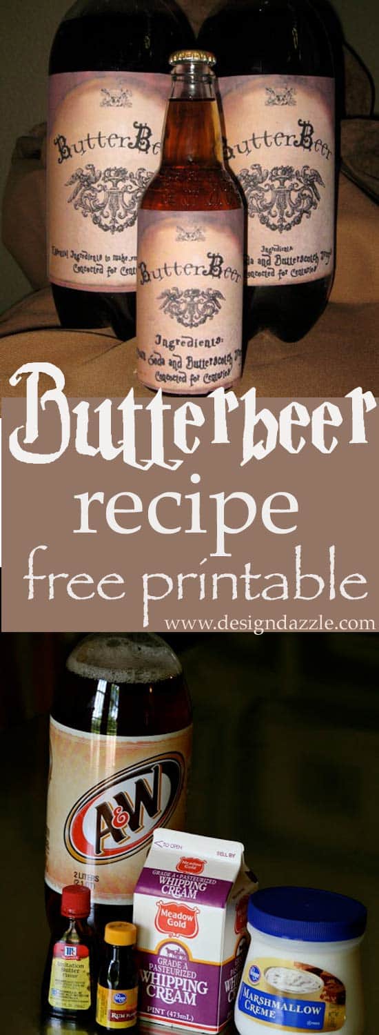 Recipe for yummy Butterbeer and print out your own FREE Butterbeer labels - Design Dazzle