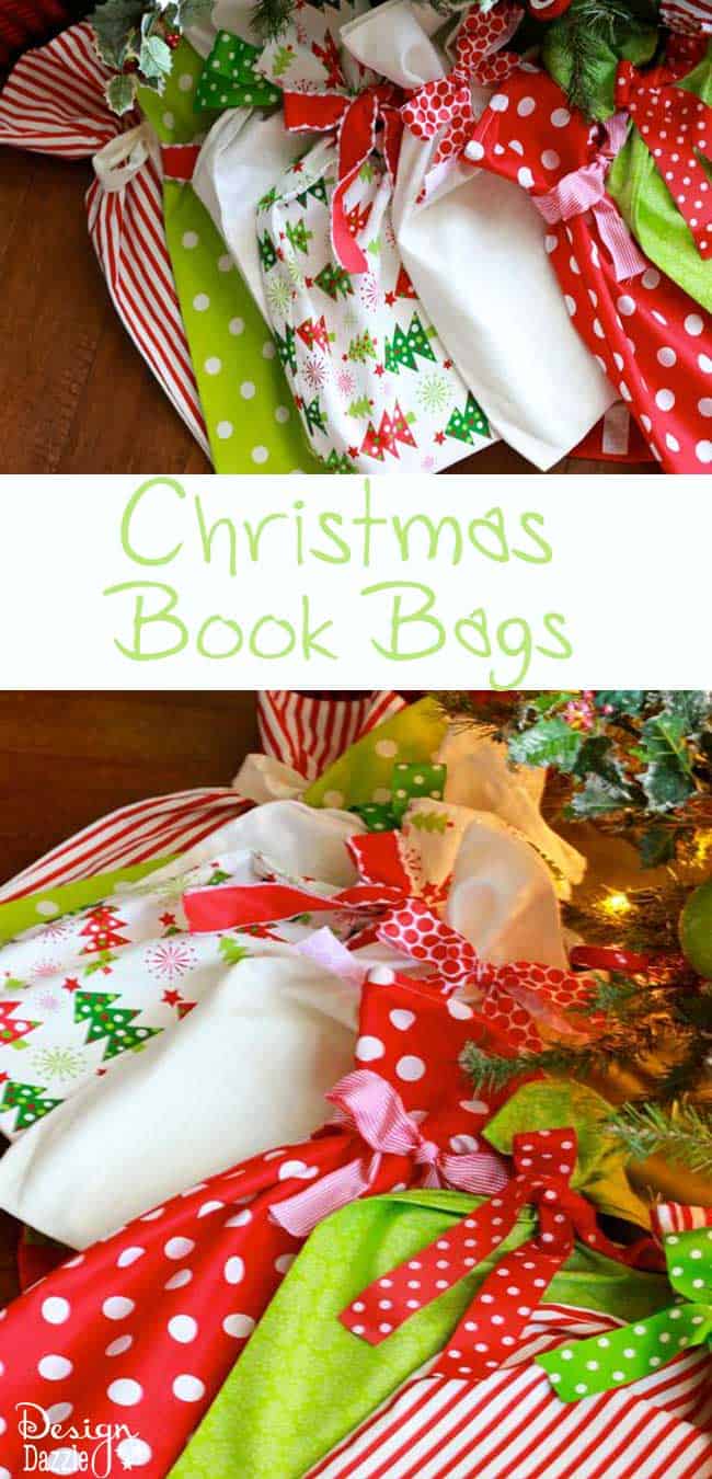 Christmas Book Bags: They look like Christmas presents already wrapped and under the tree. Every one of these fabric bags has a Christmas book inside. Great way to countdown to Christmas or have your child pick a bag to find the surprise book for the night! - Design Dazzle #christmas #christmasbooks