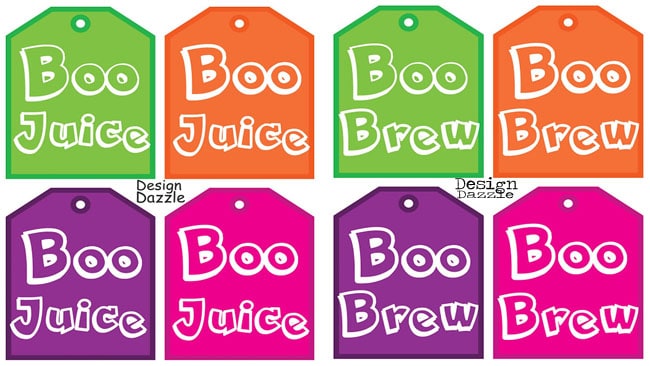 Free Halloween Drink Tags Boo Juice!: Fun to give as a "Booed" gift or use the monster faces to decorate pumpkins! Design Dazzle #freeprintables #halloweenprintables #monsters