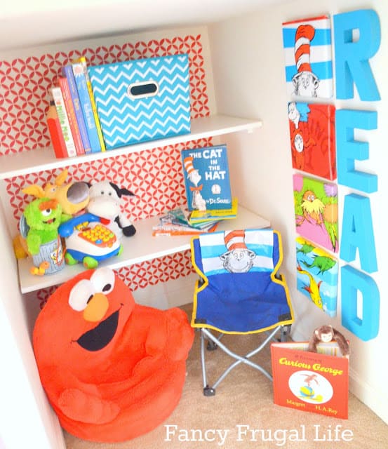 Stair Closet Turned Reading Nook designed by Lina from Fancy Frugal Life! A great place for kids to find their imagination!