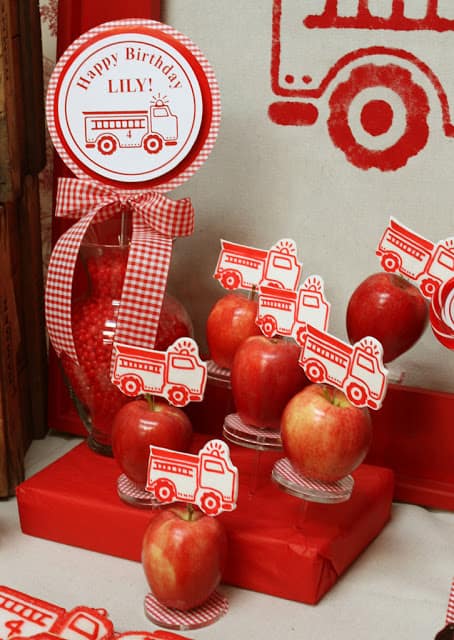 Girly Firetruck Party by Wendy from Green Beansie Ink! What a cute and fresh idea! Cute apples that double as decor!
