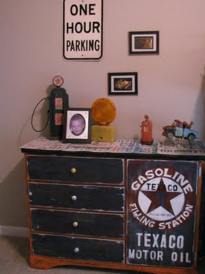 50 Ideas for Car Themed Boys Rooms featured on Design Dazzle! Car room vintage style with old school oil sign!