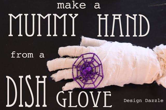 Things are getting out of hand this Halloween! DIY mummy hand from a dish glove! Design Dazzle #halloweencrafts