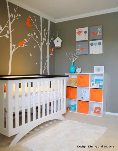 Bird-Themed Nursery by Taryn at Designing, Dining + Diapers! Love the orange, gray, and tease with the sweet bird theme!