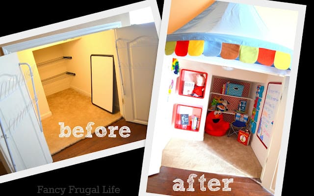 Stair Closet Turned Reading Nook designed by Lina from Fancy Frugal Life! A great place for kids to find their imagination!