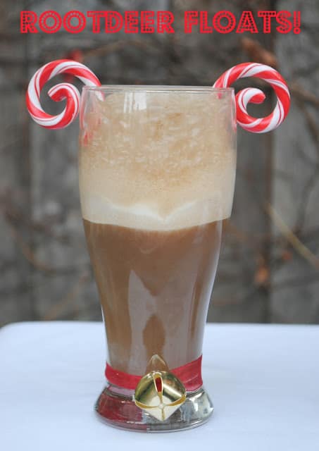 Root-Deer Floats are so adorable that you must have them at your next holiday party! Root beer, candy canes, ice cream with a cherry on top! Featured on Design Dazzle