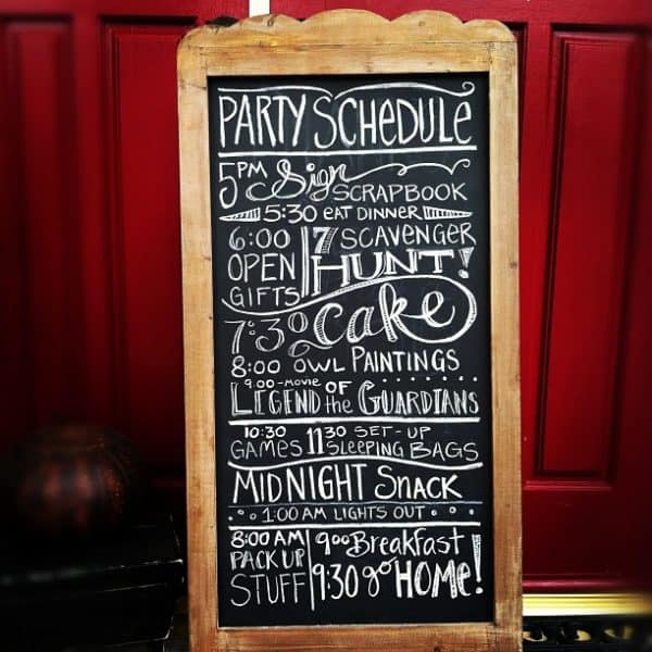 Night Owl Slumber Party chalkboard schedule