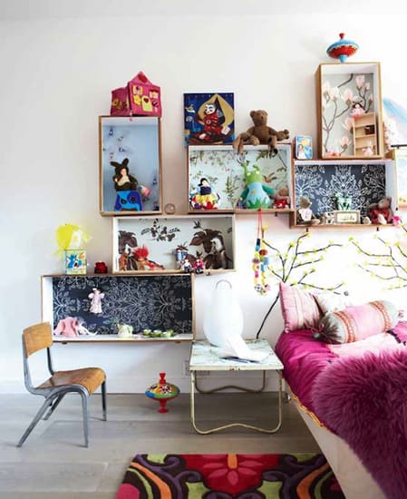 DIY kids room shelving made of drawers