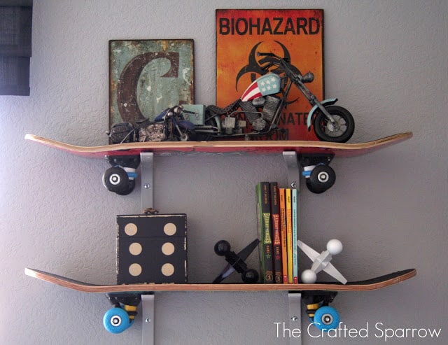 DIY kids room shelving made of skateboards