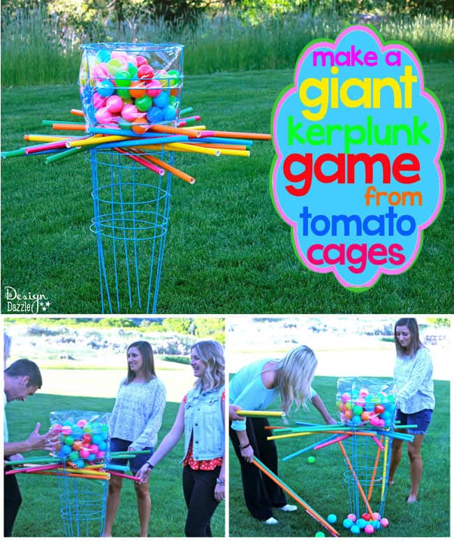 Make a giant outdoor kerplunk game using tomato cages - Design Dazzle