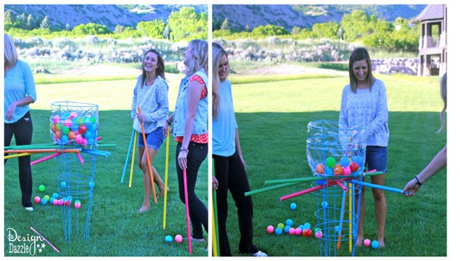 Make an outdoor kerplunk game using tomato cages - Design Dazzle