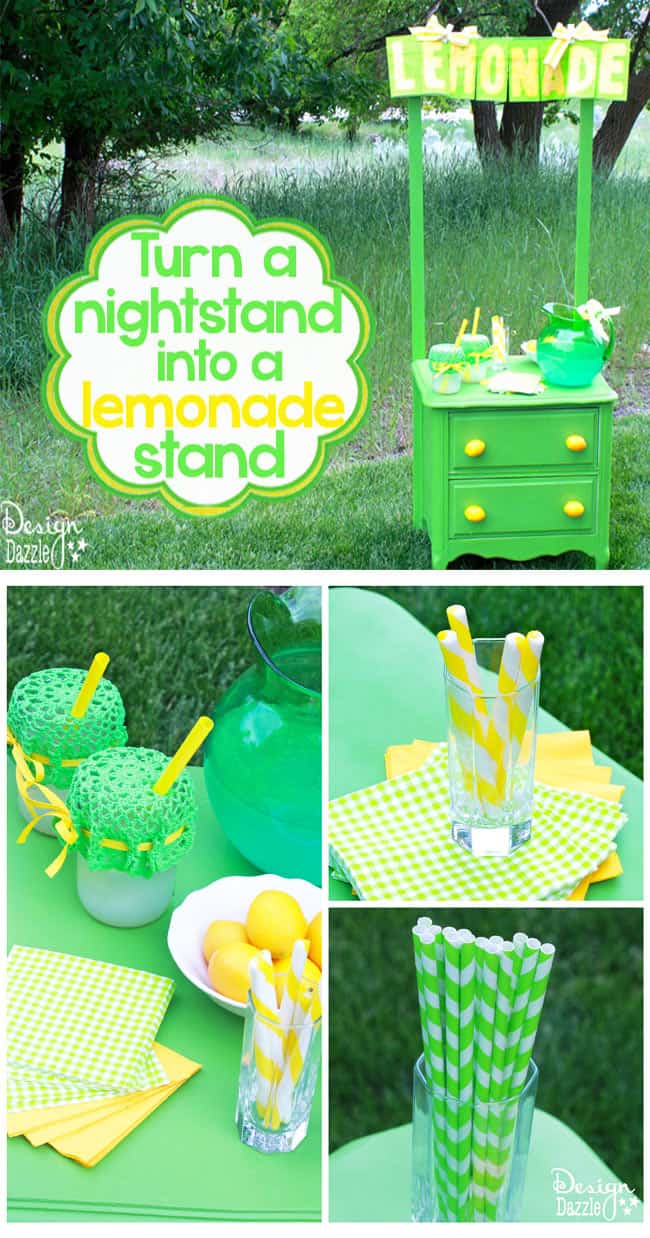 Turn a nightstand into a lemonade stand. The lemonade sign is made with green paper bags. Design Dazzle