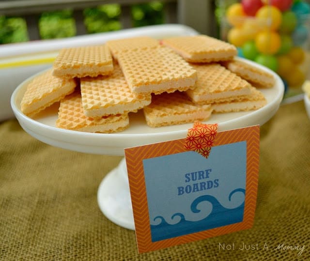 A Day At The Beach playdate party table vanilla wafer surf boards