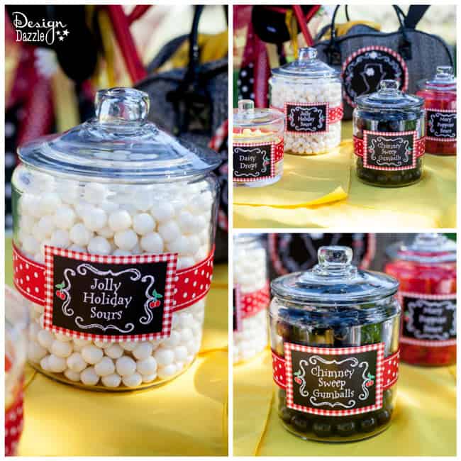 Mary Poppins party candy jars. Printables available at Design Dazzle