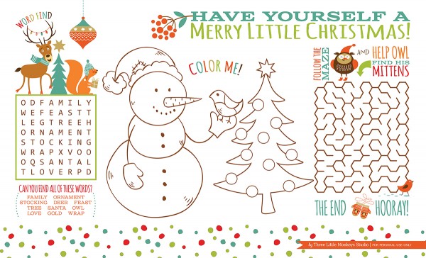 Christmas Activity Placemat by Three Little Monkeys Studio