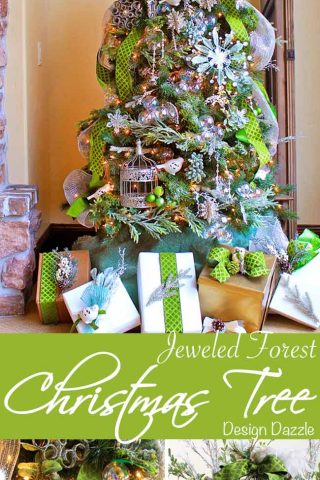 The Jeweled Forest Christmas tree by Toni of Design Dazzle. Beautiful jewels, baubles, greenery, succulents, moss, birds and more!