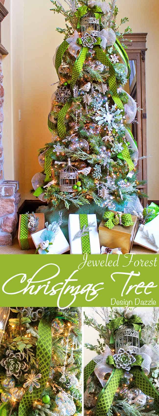 The Jeweled Forest Christmas tree by Toni of Design Dazzle. Beautiful jewels, baubles, greenery, succulents, moss, birds and more! 