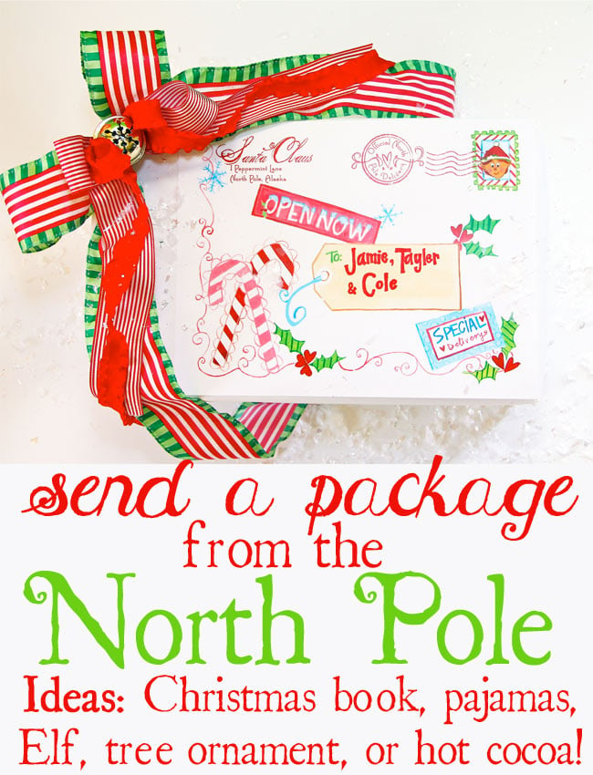 Design Dazzle's cute mailing label placed on a package makes it look as if the package has been sent from the North Pole/Santa Claus himself. Some ideas to "ship": Christmas pajamas, an Elf on the Shelf, a special Christmas book, North Pole Snow, hot cocoa mix, or Christmas ornaments - Design Dazzle