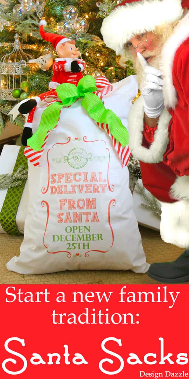 Start a new family tradition: Santa Sacks! Use our printable to iron on a pillowcase. Kids leave these empty on Christmas Eve and wake up to find Santa has filled the sacks with toys! Design Dazzle