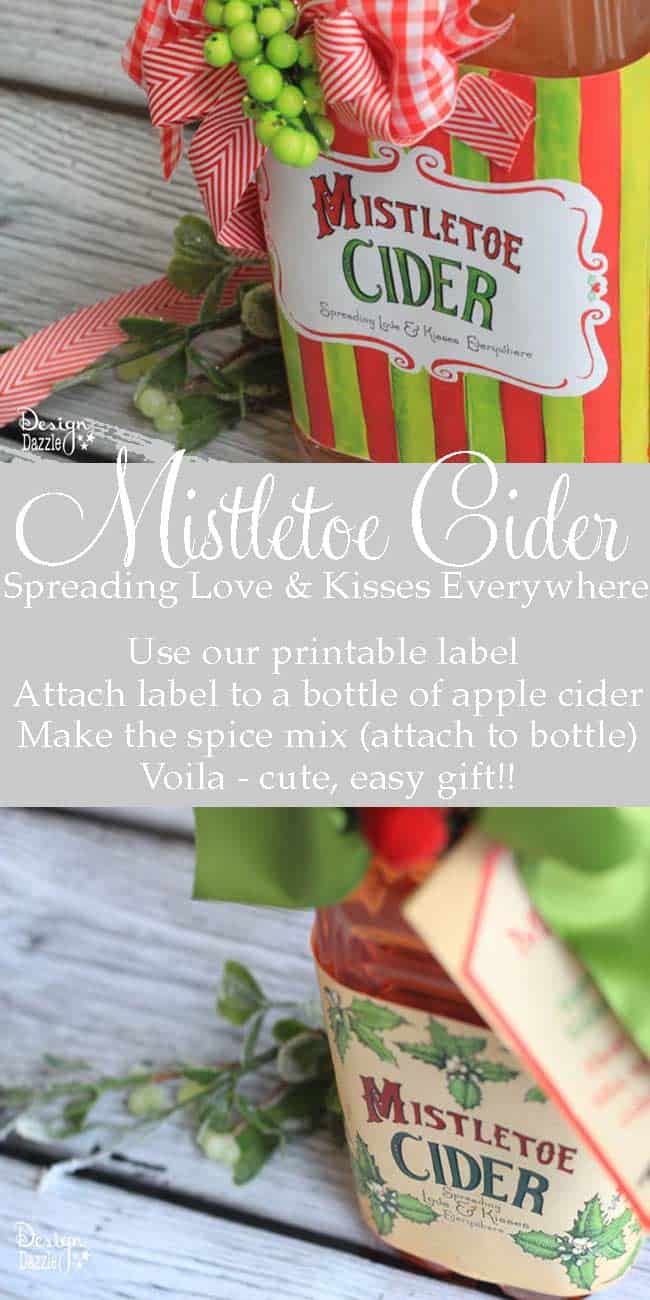 Make Mistletoe Cider for family and friends! Mistletoe Cider spreads love and kisses everywhere! Attach our printable label to a bottle of apple cider. Make the spice mix using our recipe (attach to bottle). Super easy gift that friends will love receiving! Recipients enjoy making the Hot Apple Cider. Design Dazzle #homemadefoodgifts, #appleciderlabels, #foodgiftlabels