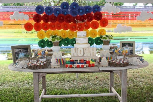 Colorful Noah's Ark Birthday Party! Perfect dessert table!