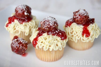 Spaghetti and meatball cupcakes