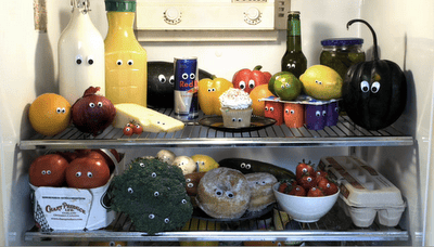 Googly eyes on food in the fridge for April Fool's Day