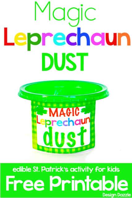 Leprechaun's like to leave little surprises on St. Patrick's Day. This edible magic Leprechaun dust is a white powder that turns green when milk is added. yummy to eat - Design Dazzle #stpatricksday #leprechaunactivity