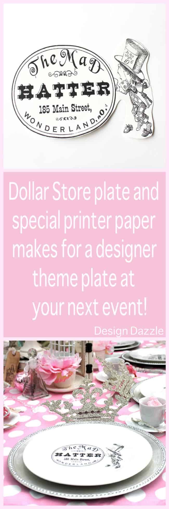 How to make a designer plate from the dollar store using special printer paper - Design Dazzle #dollarstore #printercrafts #tablescape