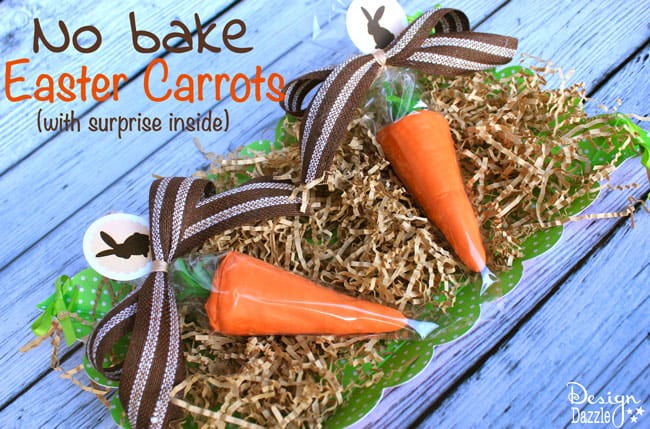 No bake Easter carrots made with ice cream cones (add jelly beans inside). FREE printable - Design Dazzle