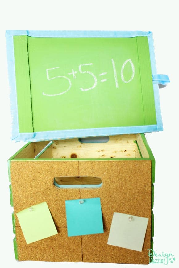 Lap desk, seat, storage, corkboard and chalkboard! It's an all-in-one portable homework station! Design Dazzle