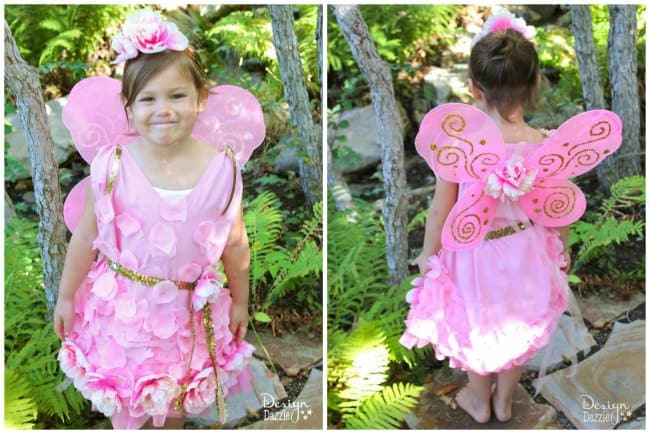 Can you believe this costume started as a pillowcase? Dollar store items were used to embellish this darling and inexpensive NO-SEW fairy costume! Design Dazzle #nosewcostume #fairycostume #pillowcasecostume