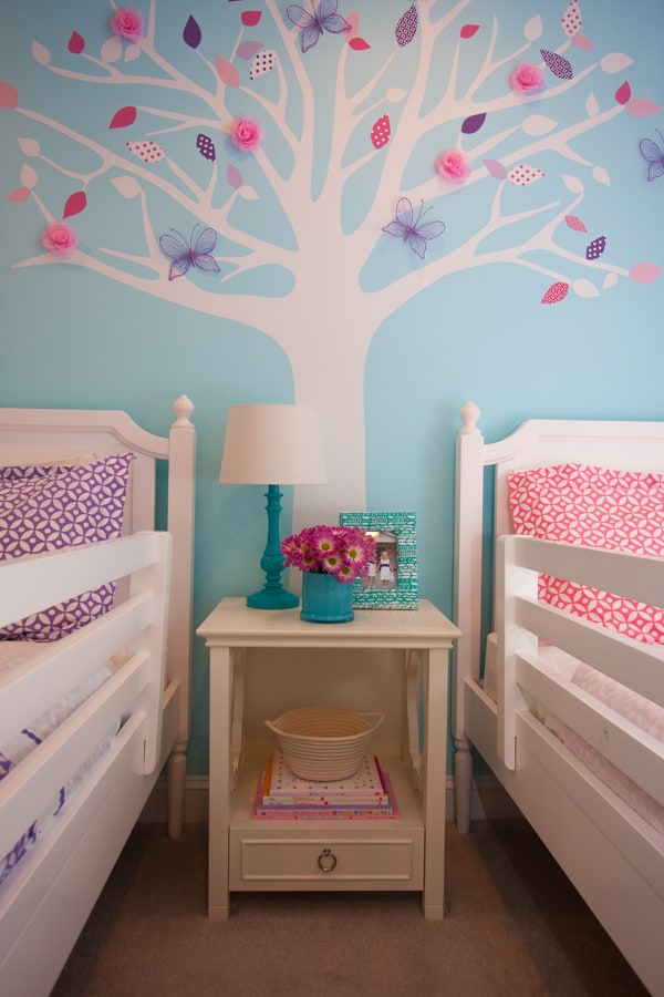 Girl Twins Room with tree decal decorated for Summer