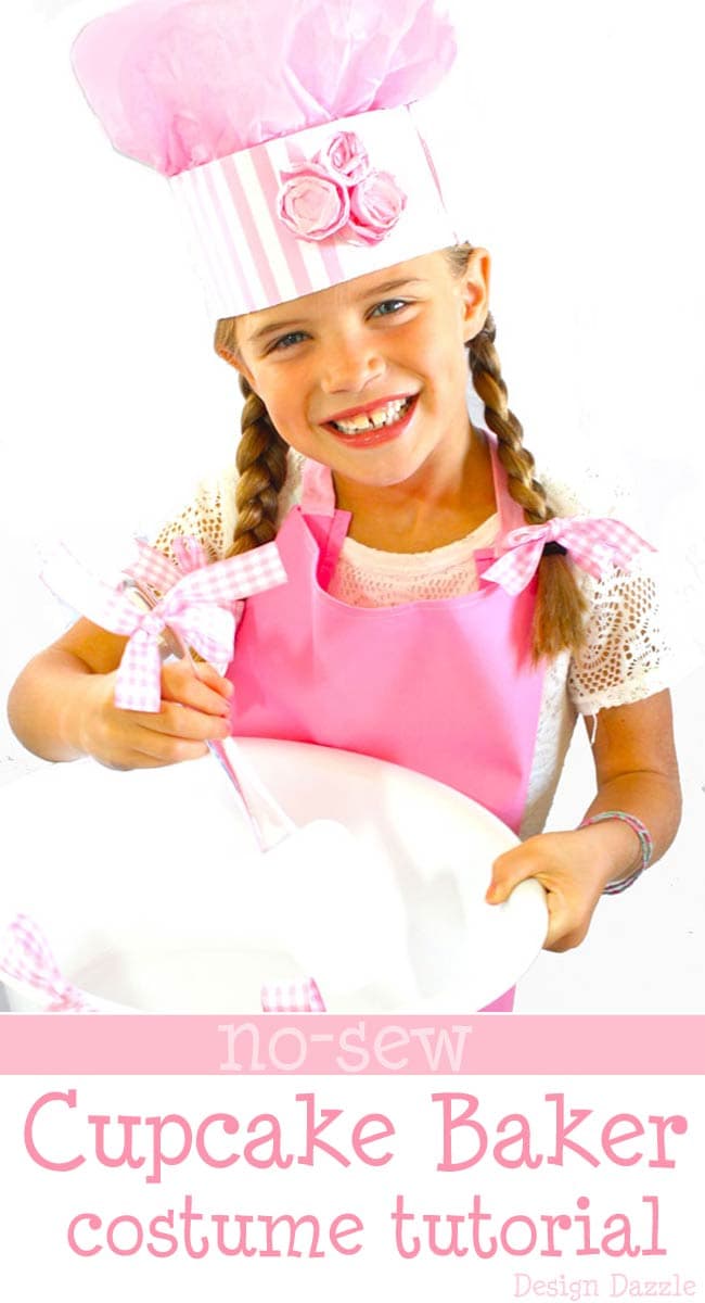 No-Sew Cupcake Baker Halloween Costume! Pink apron, tutorial on the chef hat and dollar store accessories help make this an INEXPENSIVE and EASY costume! | DIY kids halloween costumes | DIY halloween costumes | halloween costume ideas for kids | no sew halloween costumes | easy homemade halloween costumes || Design Dazzle #DIYhalloweencostumes