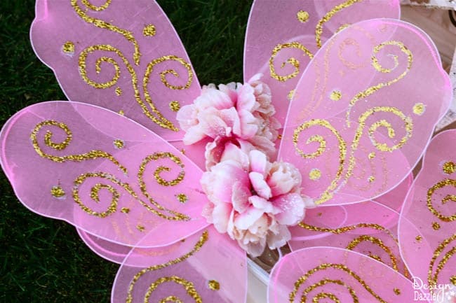 Make dollar store fairy wings FABULOUS! So quick and easy! Step-by-step tutorial on www.designdazzle.com! #fairyparty #diyfairywings