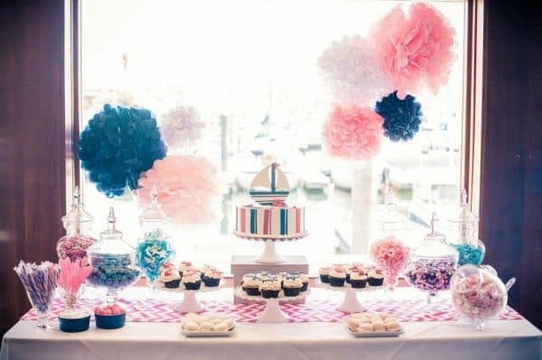 Darling nautical themed baby shower dessert table for a girl