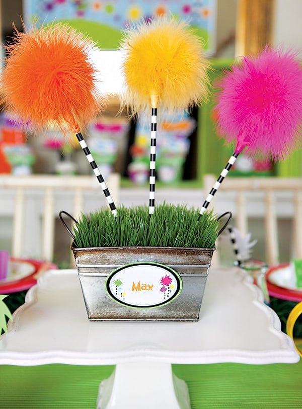 Lorax tree centerpieces for a Dr. Seuss party