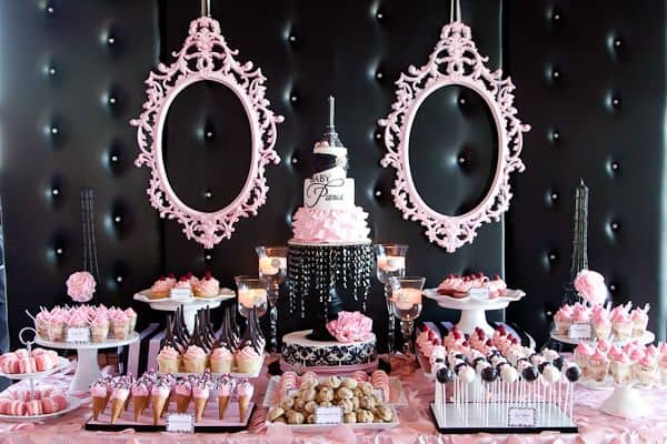 Elegant Parisian baby shower dessert table