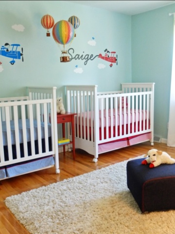 Twins Nursery with an "Up, Up & Away" Theme - perfect for boy & girls twins!