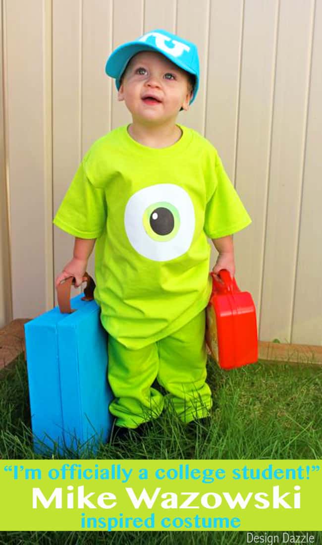 If you love easy peasy costumes, this is the one! The outfit took all of 10 minutes to make. The accessories another 45 minutes. In less than an hour you've got a cute inexpensive costume. FREE eyeball printable! Design Dazzle #monstersinc #DIYcostume #mikewazowski