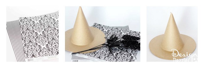 Supplies needed for a quick and easy witches hat fascinator for mom, teen, or little girl costume! Designdazzle.com #diyhalloweencostume #easyhalloween