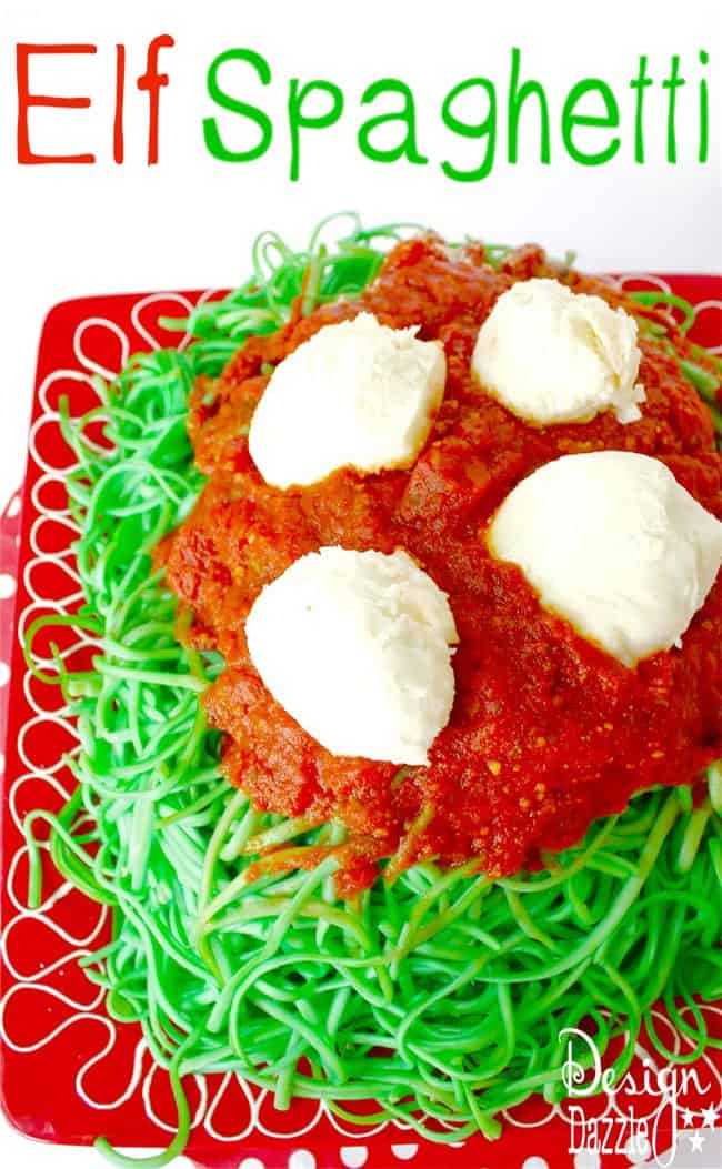 Elf spaghetti! Enjoy a fun dinner with the family with green noodles and marinara sauce. Don't forget the Mozzarella snowballs! Design Dazzle