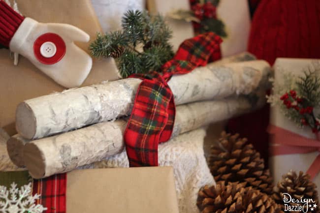 Make pool noodles into faux birch logs! Find the full tutorial at Designdazzle.com. #diyChristmasdecor #poolnoodlediy