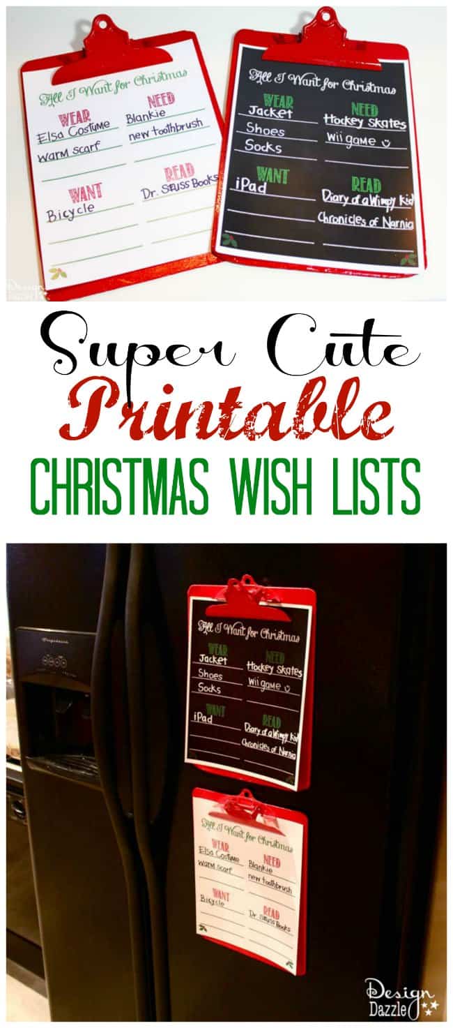 Super cute printable Christmas wish lists includes four categories: Want, Need, Wear, Read