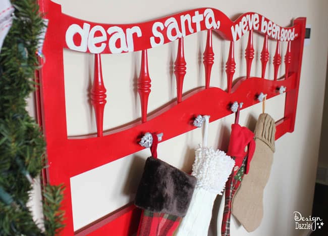 Don't have a fireplace with a mantel? Looking for a creative new way to display your cute stockings? Here's a fun DIY project to make a fabulous Christmas Stocking Holder. #repurposed #christmasdiy #christmasstockingholder