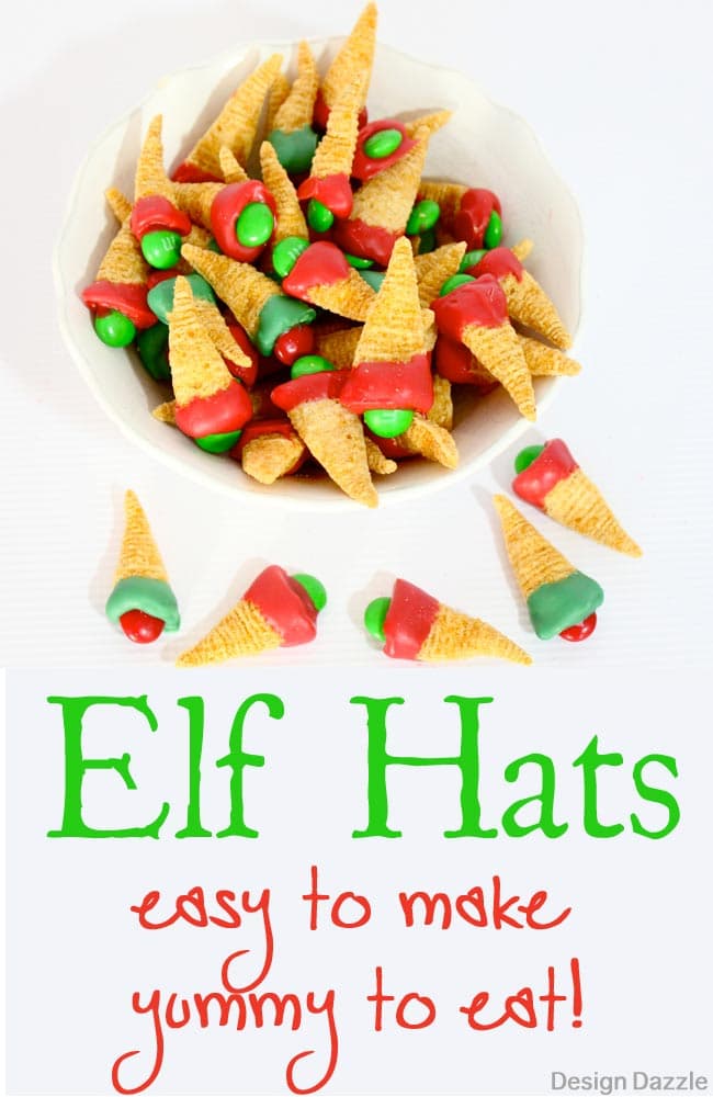 Edible Elf Hats! I love having my kids in the kitchen helping to create yummy and easy edible snacks. A fun treat for Elf movie night or school parties. Design Dazzle #ediblecrafts #christmastreats