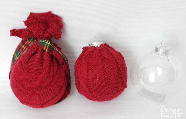 Repurpose Sweaters Into Oversized Ornaments. Old knit sweaters and a glue gun create beautiful Christmas ornaments. Use plastic ornaments as the form - much cheaper than styrofoam. Design Dazzle #christmas #christmascrafts #repurposedsweaters