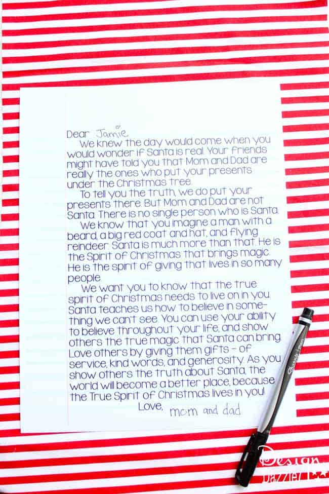 Santa is Real Letter! This is a wonderful letter for parents to give to their children (when they start wondering about Santa). This letter explains how Santa is real and how each and every one of us carries the spirit of Santa with us as we give to those we love and spread Christmas cheer. Free printable - Design Dazzle