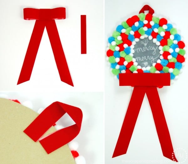 Here are the finishing touches of how to make a pomp pom wreath. Check it out on Designdazzle.com's Christmas Wonderful with Scrap Shoppe! Add a bow, and you're good to go!